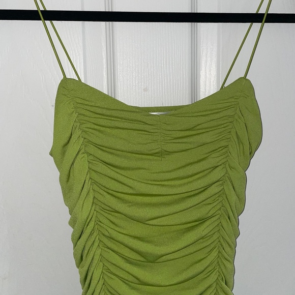 Revamped Ruched Lime Green Bodycon Dress - Picture 3 of 3